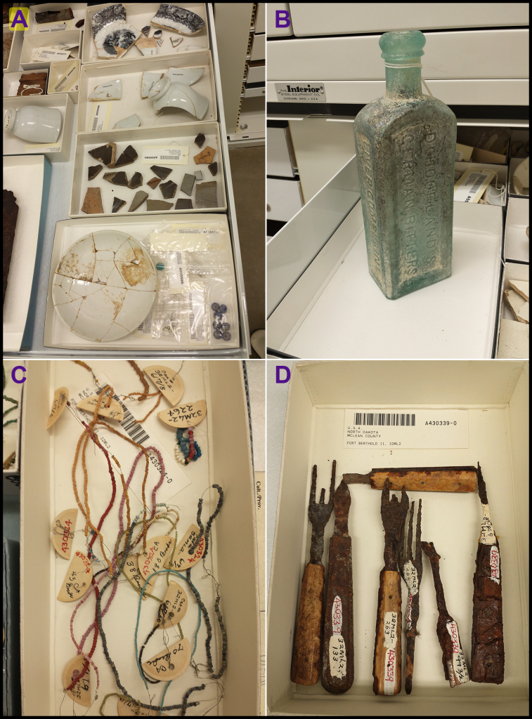 Four-photo collage of historic artifacts, labeled A-D. A is ceramics, some glued together into whole or partial plates and cups, B is a single glass bottle in one piece, C is small glass beads, sorted by color on strings, and D is a collection of rusty and broken forks.