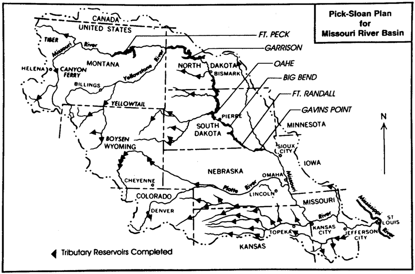 Black ink map of the upper Missouri with the reservoirs labeled.