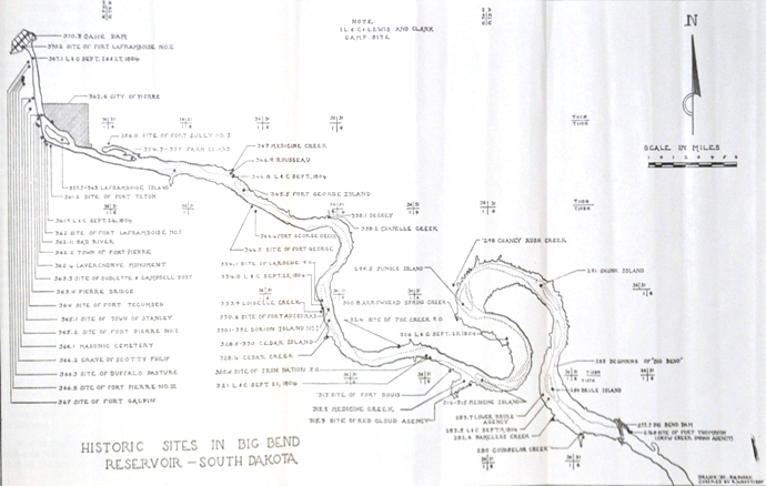 A drawing of the Big Bend area of the Upper Missouri, with the locations of a long list of sites marked.