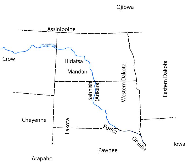 A map centered on the present-day states of North and South Dakota, showing the Missouri River. The names of the groups who lived there in the early 19th century are marked in the approximate centers of the areas they occupied.