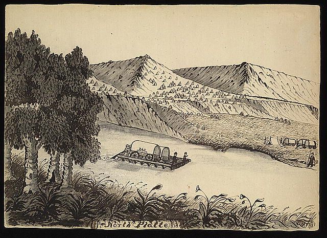 Black ink drawing of wagons on a  ferry in a landscape with some hills on the opposite side of the river.