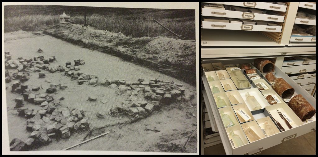 Two-photo collage. On the left a black-and-white photo of the excavation site, on the right an artifact drawer full of glass bottles and metal cans.