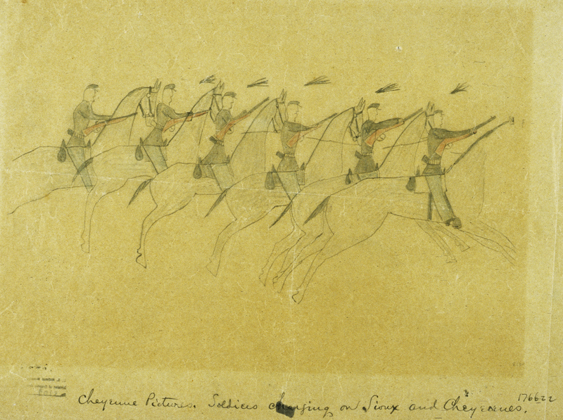 A row of soldiers shooting guns from horseback drawn on a now very yellow piece of paper.
