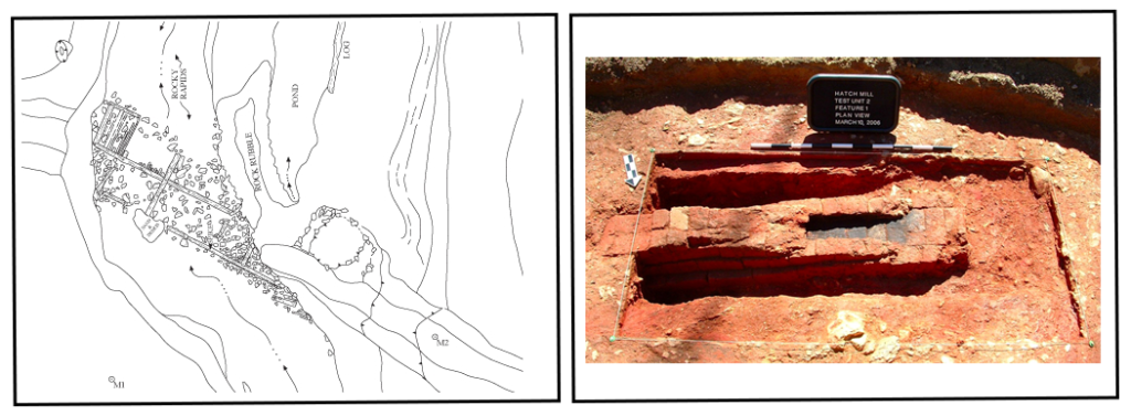 Collage of two images. On the left is a line drawing of the remnants of a bridge. On the right is a partially excavated brick flue.