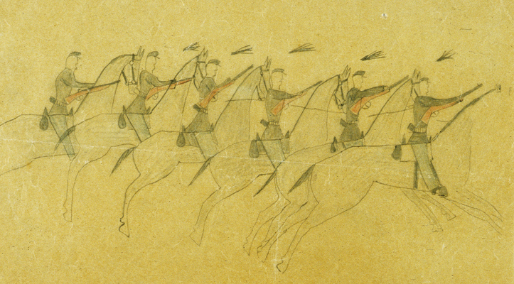 A cropped version of the drawing of charging soldiers on horseback described in Figure 1.