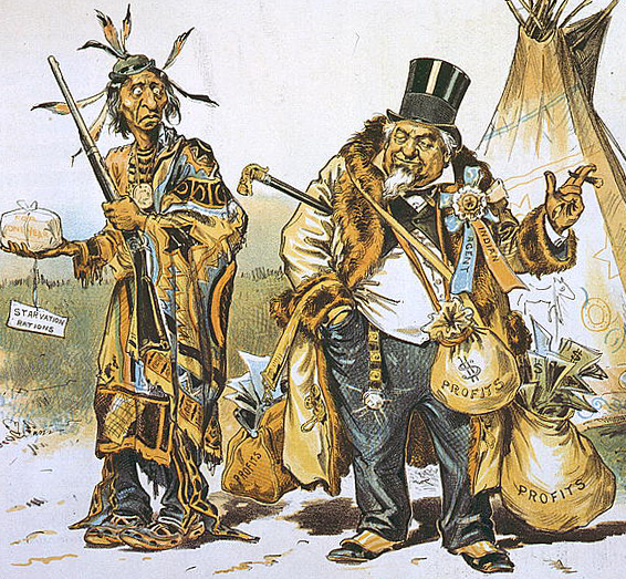 Cropped version of the second image in the post. It's a cartoon of an Indian Agent making profit off of starvation rations.