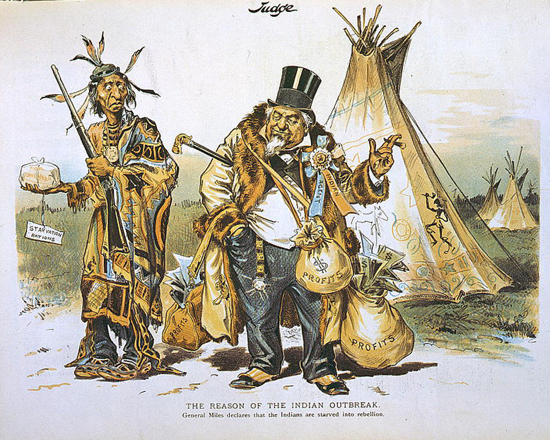 Color drawing in cartoon style. It shows a rather large man in stylish late 19th century clothes laden with bags that say "profits" next to a skinny Indigenous person holding a package labeled "starvation rations". 