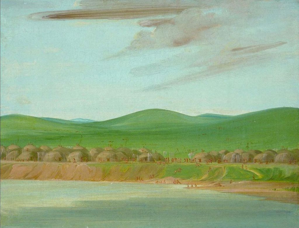 A very green George Catlin painting showing round domed houses on a high riverbank and a green hilly landscape under a mostly blue sky.