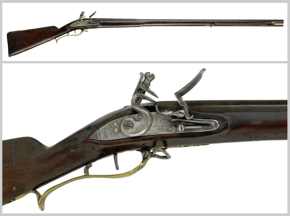 Image collage: one full photo of a musket, one closeup of the flintlock mechanism.