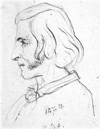A pencil drawing of a man in profile. It looks more like a rough sketch than a finished portrait, though there is a fair amount of detail on the face. The man's hair is long enough to cover his ears and he has some sideburns but no other facial hair.