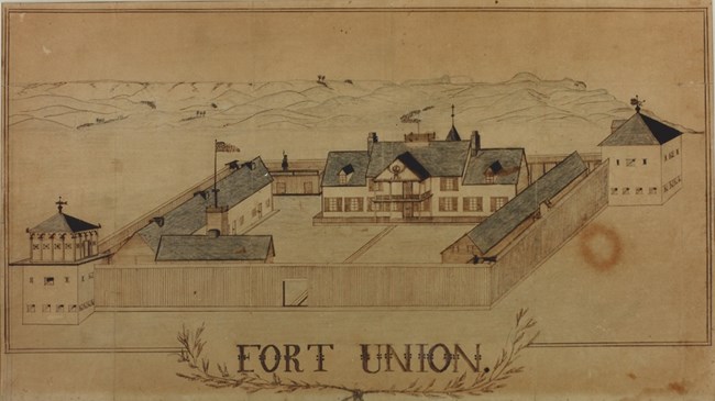 Somewhat damaged, brownish page with drawing. The buildings look more solid here than in earlier versions of the fort. The main building has two stories plus a slanted roof. It looks much like it does at present.