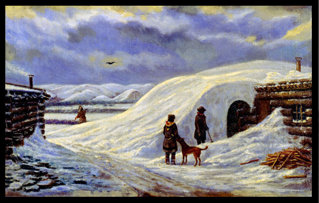 Color painting of snowed-in fort buildings under a dramatic sky. People in military uniforms with a dog in the foreground.