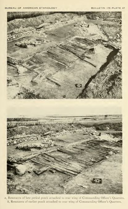 Scan of a plate from the excavation report publication. It has two black-and-white photos of the remnants of a "late-period" wooden porch and an older wooden porch attached to the rear wing of the the Commanding Officer's quarters. A lot of the wooden planks in both appear semi-intact.