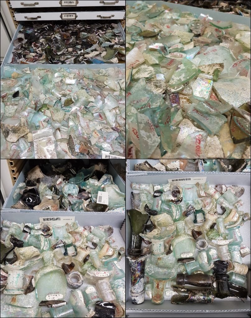 Four-photo collage, all images include bottle glass in storage drawers. Some is sorted by color.