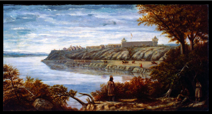 A landscape painting showing the fort in the middle distance. Trees and people standing in the foreground. Some other people on horses on a lower terrace near the fort.