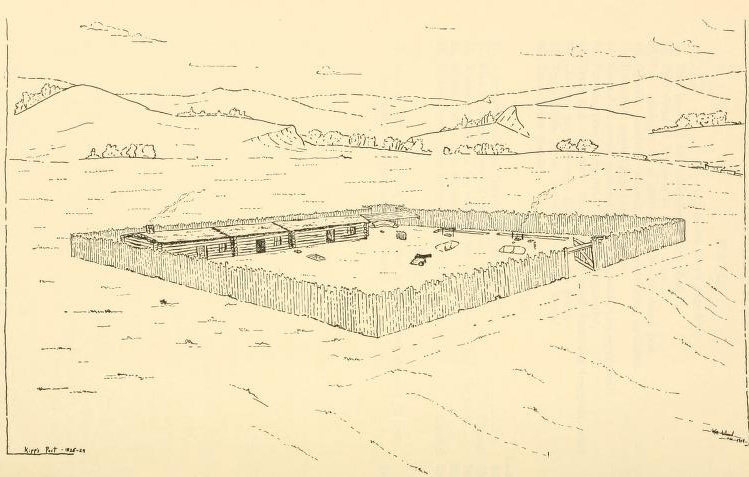 Black ink on yellowish page. High view of Fort Floyd with hills in the background. A square stockade has a gate in one side and a row of wooden buildings along the opposite wall. A cannon is drawn in the center of the open space.