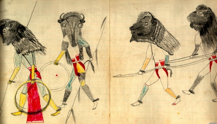 Ledger art of people dancing in bison headdresses.