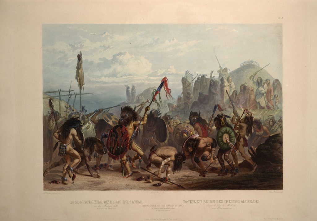 Scan of book plate showing people dancing in a village. Some are wearing bison headdresses. The page also includes the title of the painting.