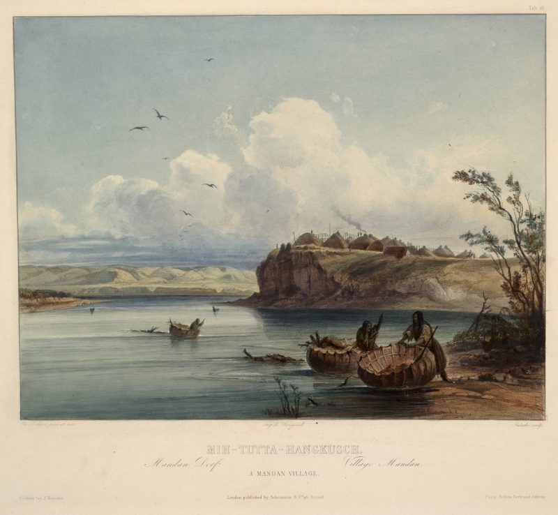 Scan of color image on book page. Karl Bodmer painting of the village on its bluff, in the background. In the foreground are people with bullboats getting out of the river.