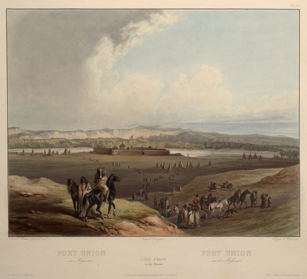 Scan of book plate with color image. The painting shows the fort in the background. People on foot and on horseback can be seen in the foreground. Teepees stand between them and the fort, as well as on either side of the fort.