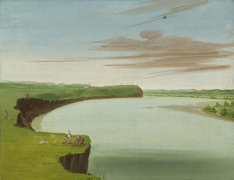 George Catlin oil painting of the village. It's a very green scene. The village is in the background, with the river and the closer riverbank in the foreground. People are fishing from the bluff in the foreground.