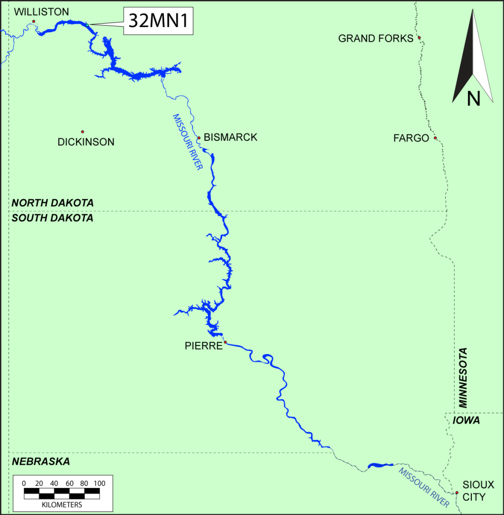 This map includes most of North and all of South Dakota, as well as a strip of Minnesota on the right and some of Nebraska and Iowa on the bottom. It is centered on the Missouri River running N-S through those states. The largest towns are labeled, including Pierre, approximately in the center of SD, and Bismarck, approximately in the center of ND. Site 32MN1 is labeled in the top left, inside the boundary of Lake Sakakawea.