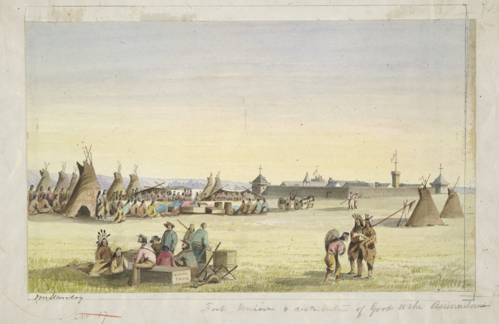 Pale watercolor painting of people seated in a teepee camp with the fort in the background. About half of the painting is sky.