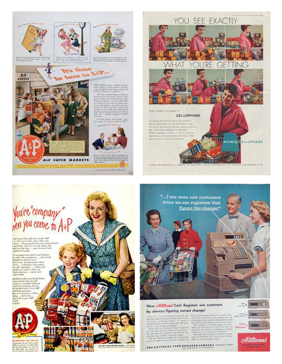 Scans of magazine adverts showing women shopping at grocery stores.