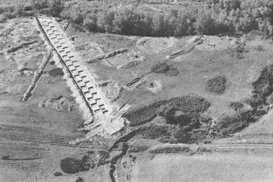 Very high aerial view, in black and white, of an archaeological excavation in a landscape. A long line of square excavation units looks like a checkerboard in the landscape. Other areas look like large squares, circles, and trenches.