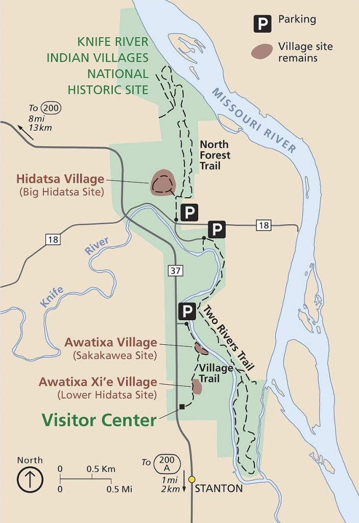 The map shows the boundaries of the park along the Missouri River and routes 18 and 37. It has the locations of Hidatsa Village, Awatixa Village, and Awatixa XXi'e Village labeled.