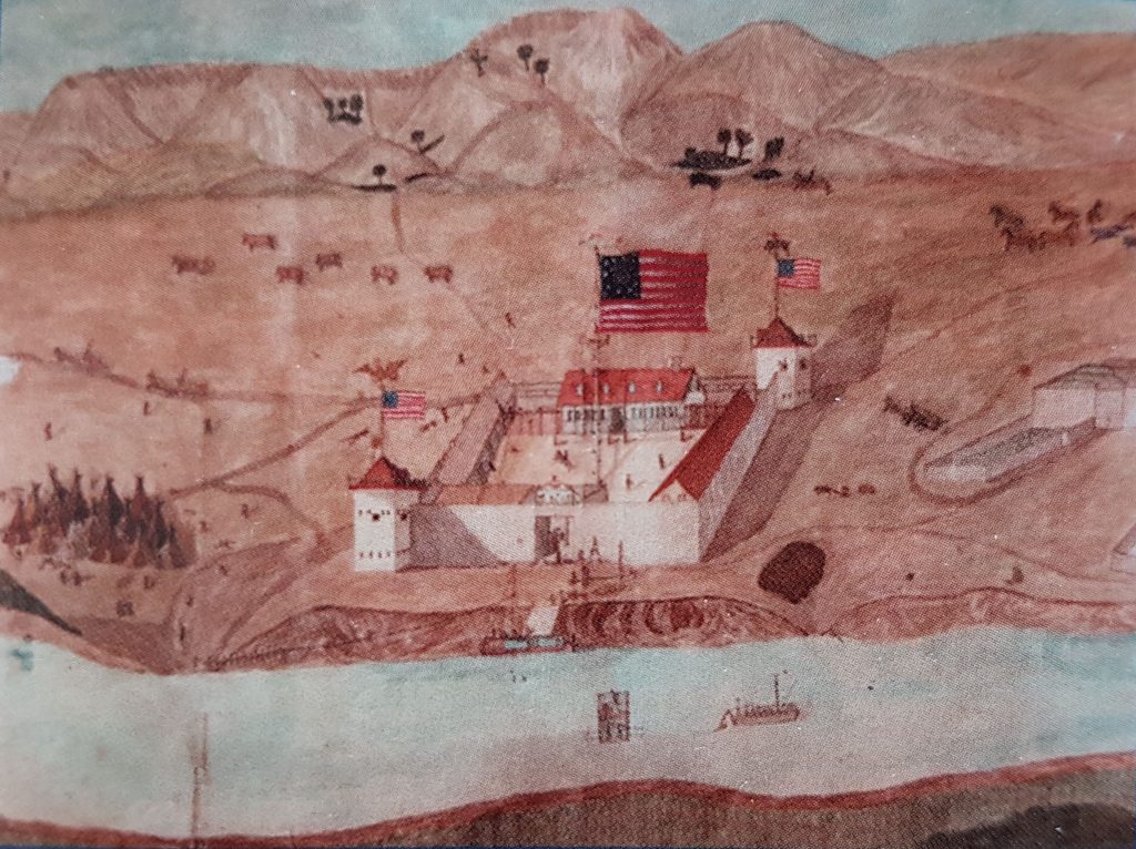 Color photo of a painting, scanned from a book cover and thus low res. It shows the fort in the center, with a big American flag in it, and additional flags on the bastions. It shows a teepee camp to the left of the fort and boats on the river.
