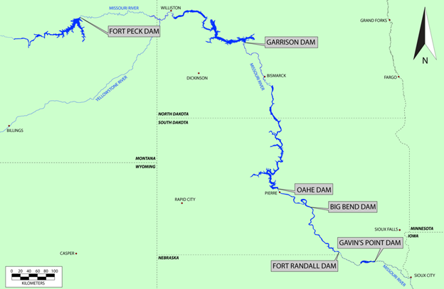 map of the Missouri river through North and South Dakota and the eastern part of Montana. It shows Oahe Dam in the approximate center of South Dakota, a little northwest of Big Bend Dam.