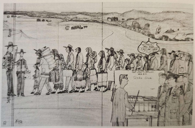 Black-and-white reproduction of color drawing, showing a long line of carrying luggage, while people in uniforms look at a presentation on Oahe Dam plans in the foreground.