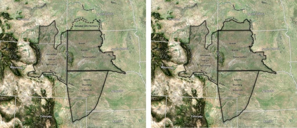Two additional maps, side-by-side, also consisting of boundary lines drawn on satellite imagery. The area between the current state line between North and South Dakota and the Heart River is included in the 1978 map.