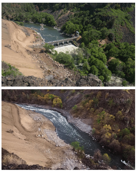 Two images. Top is of a dam across a river. Second is of the same place, after dam removal. The river has reclaimed most of the previous riverbed below the damn and flows narrower and swifter above.