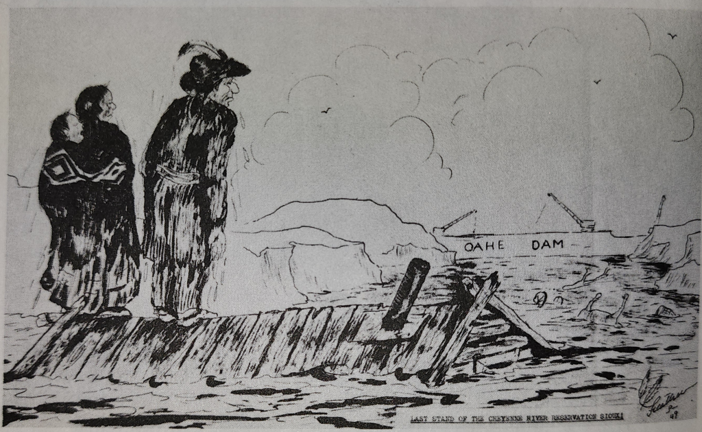 Black ink cartoon, showing a man and a woman with a child on her back standing on the roof of a mostly submerged house, looking at a dam labeled "Oahe Dam" being constructed in the distance. Dead cattle is floating in the water.