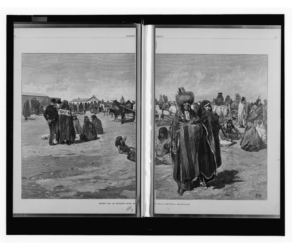 Scan of two-page illustration showing a number of people standing, walking and sitting in a large open area with buildings in the background.