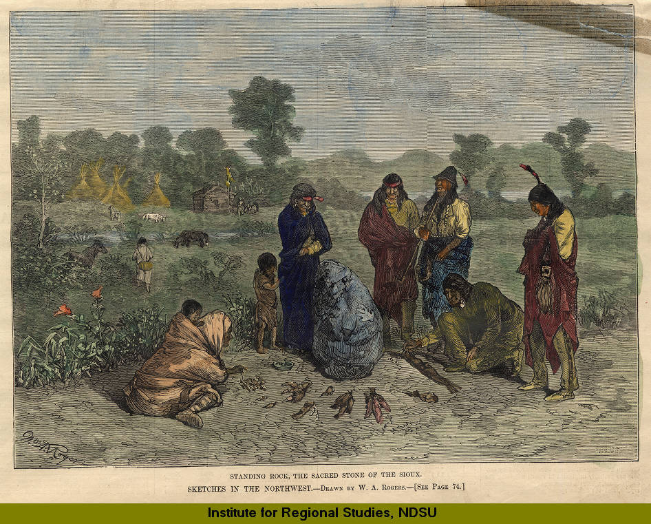 Color illustration, showing a number of people standing and sitting around a standing rock that reaches approximately to their waist.