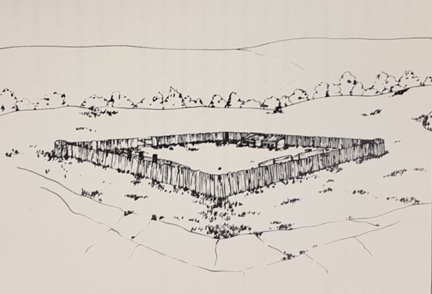 Black ink drawing of a fort on a riverbank. It has a square-ish stockade and a few buildings along the inside of it.
