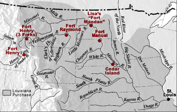 Grayscale map of the upper Missouri with the outline of the Missouri Purchase territory highlighted. The locations of the forts are marked in red.