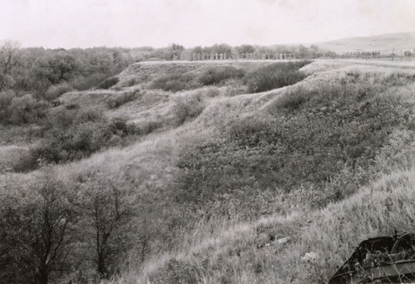 Black-and-white landscape photo with stockade reconstruction visible in the distance.