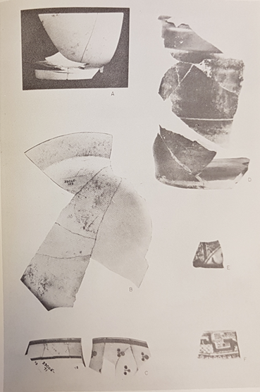 Black-and-white photo of partially reassembled imported ceramics. They include plates and bowls.